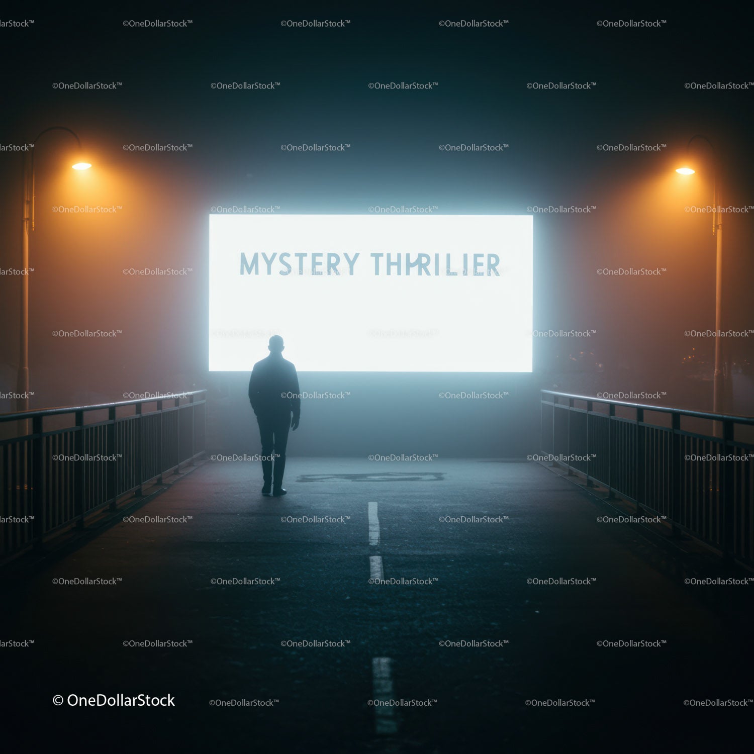 Silhouette of man walking towards glowing mystery thriller sign