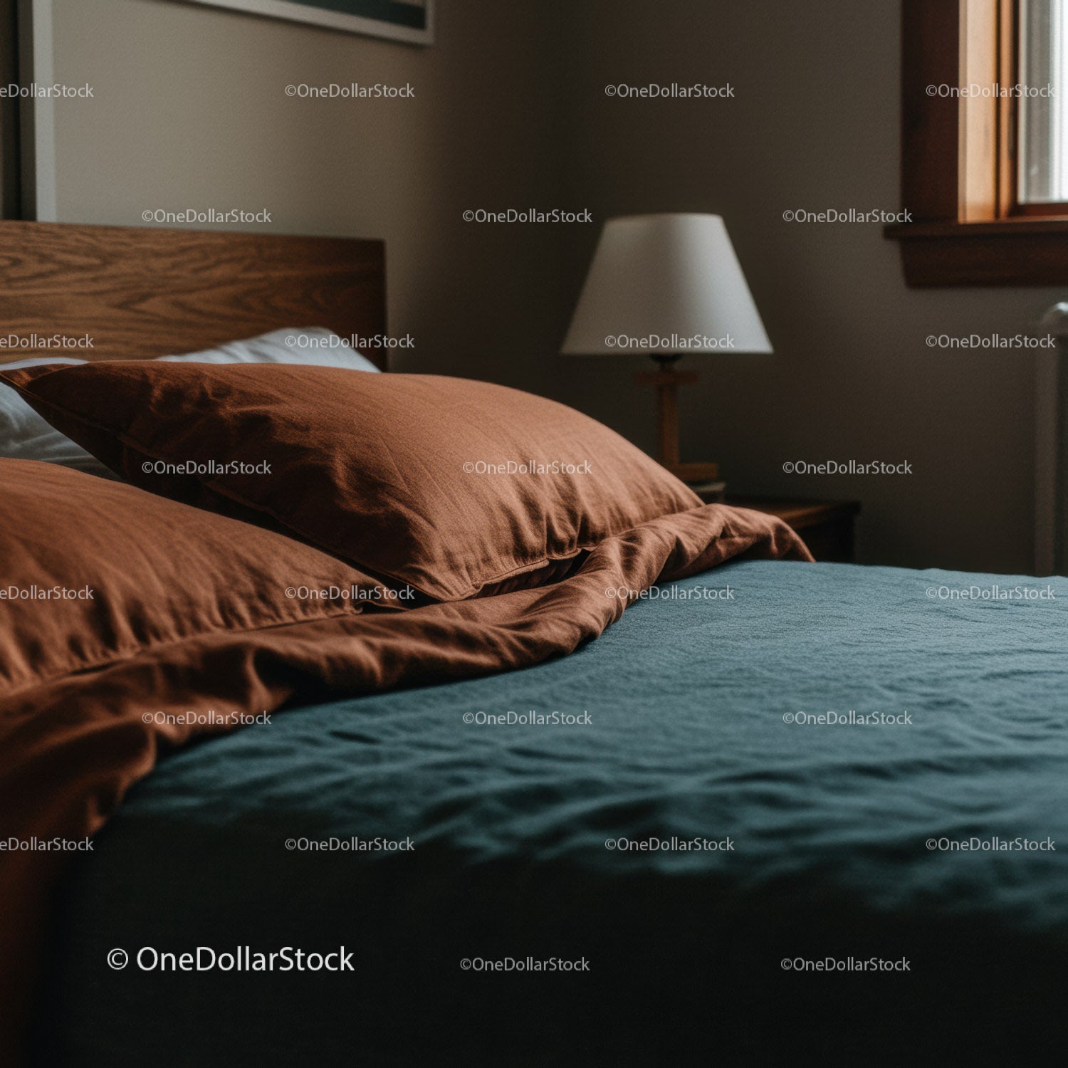 Cozy Bedroom with Olive Green Bed Linen and Brown Pillows