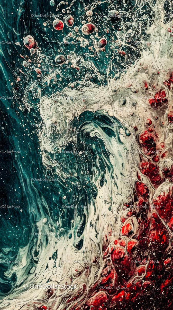Abstract Liquid Motion with Red Berries and Blue Swirls