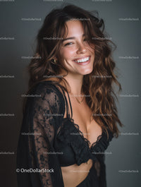 Bright Smiling Woman in Black Lace Top with Long Wavy Hair