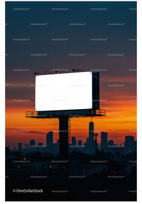 Blank billboard glowing above city skyline at sunset