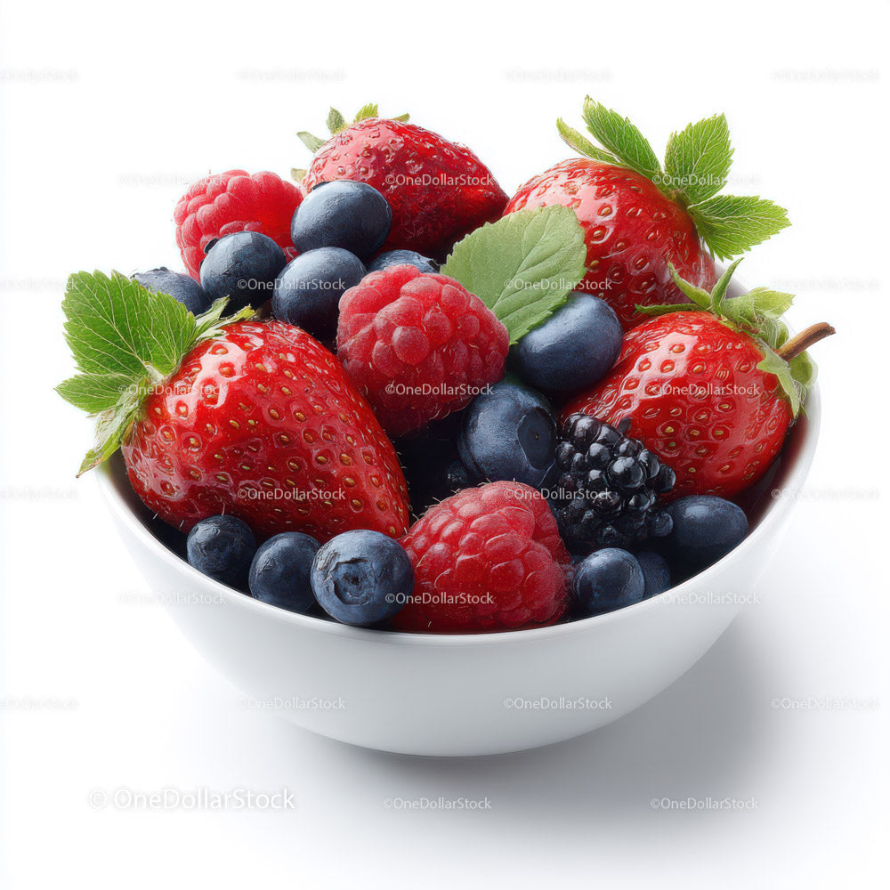 Fresh Mixed Berries in a White Bowl with Mint Leaves