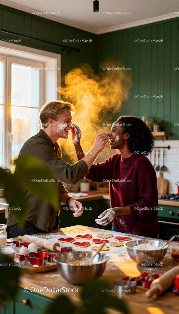 Couple Playfully Baking Heart Cookies in Cozy Kitchen
