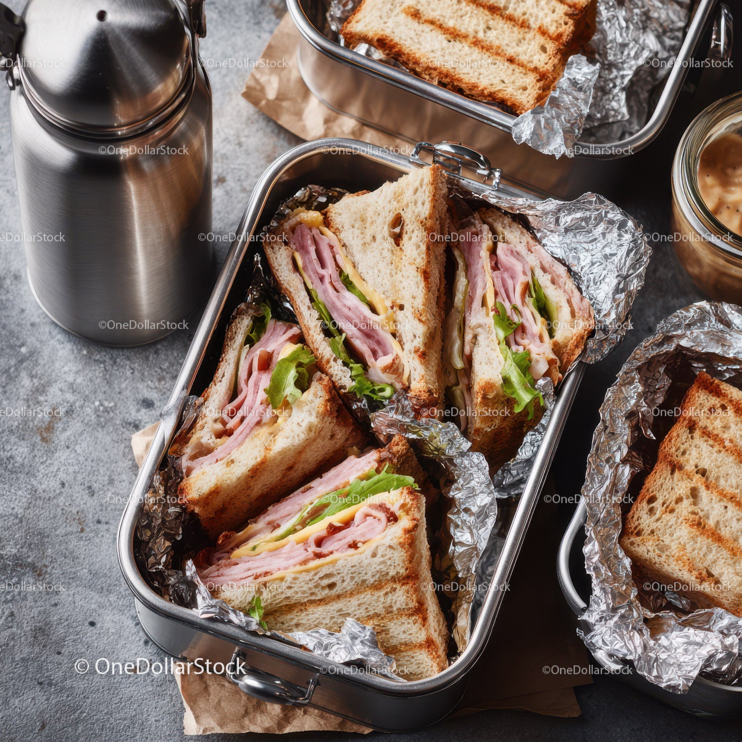 Fresh Ham and Cheese Club Sandwich in Lunchbox with Lettuce