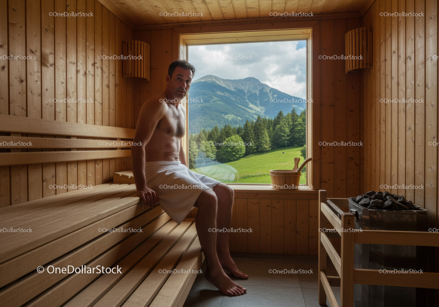Serene Man Sitting in Wooden Sauna with Mountain View