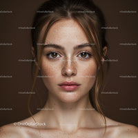 Freckled Woman with Brown Eyes and Natural Makeup Looking at Camera