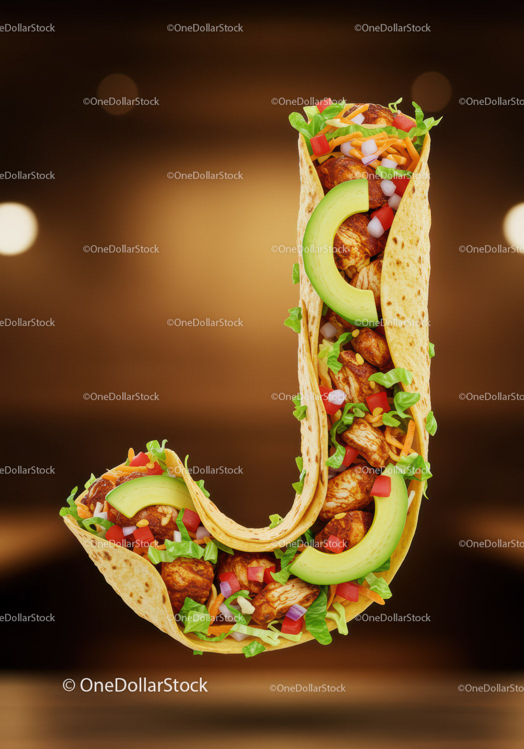 Letter J shaped chicken taco with fresh toppings