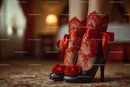 Chic Black Heels and a Red Lace Dress in a Cozy Bedroom Setting
