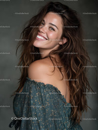 Bright Smiling Woman with Long Wavy Hair Portrait