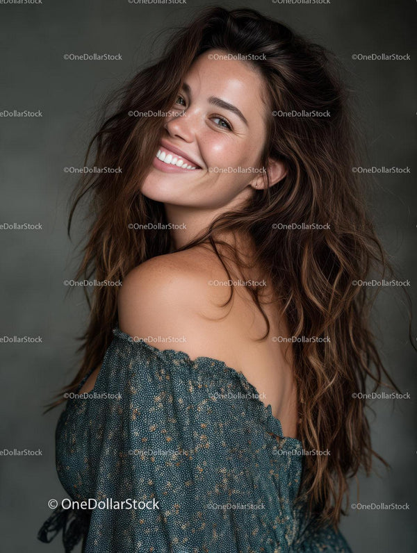 Bright Smiling Woman with Long Wavy Hair Portrait