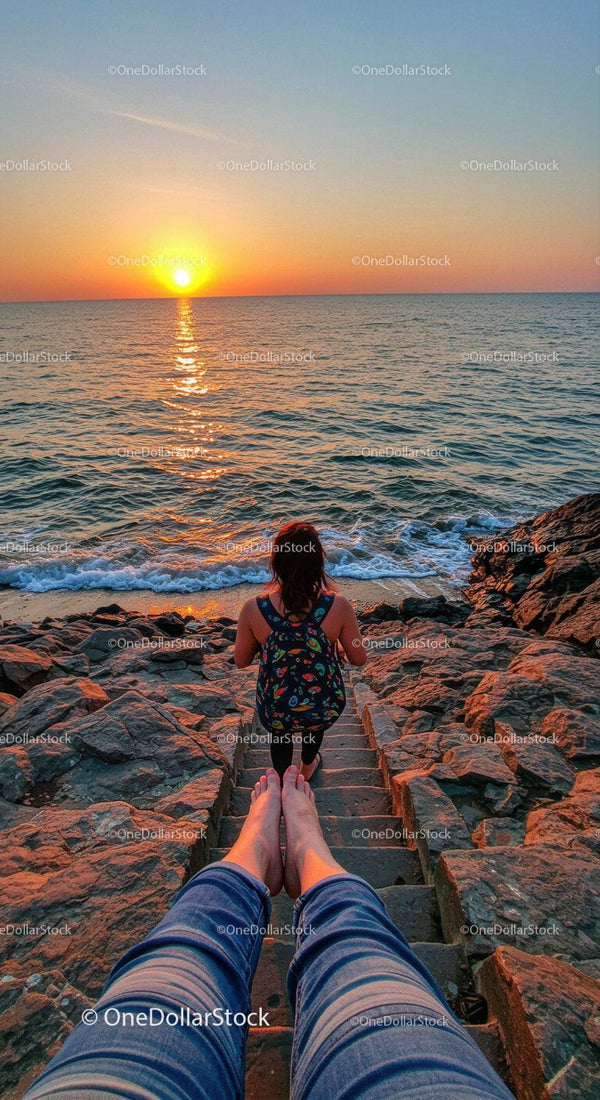 Woman with backpack walking down rocky stairs to sea at sunset