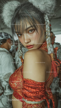 Young woman in traditional festival dress with braided hair and silver headband