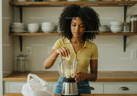 Young Woman Making Smoothie in Modern Kitchen With Fresh Fruit