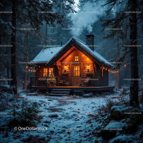 Cozy Winter Cabin Illuminated in Snowy Forest Twilight