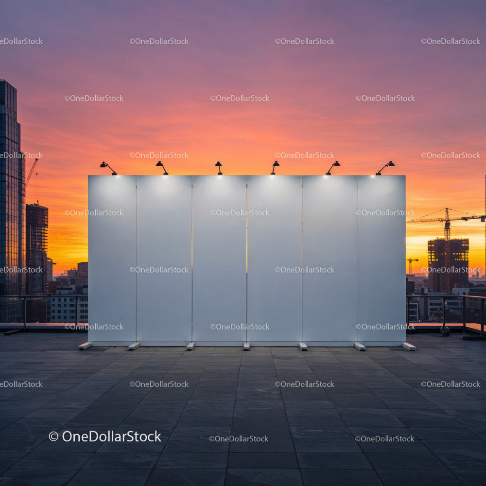 City Skyline with Construction Cranes and Sunset Sky