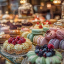 Colorful Assorted Macarons and Fruit Tarts on Dessert Display