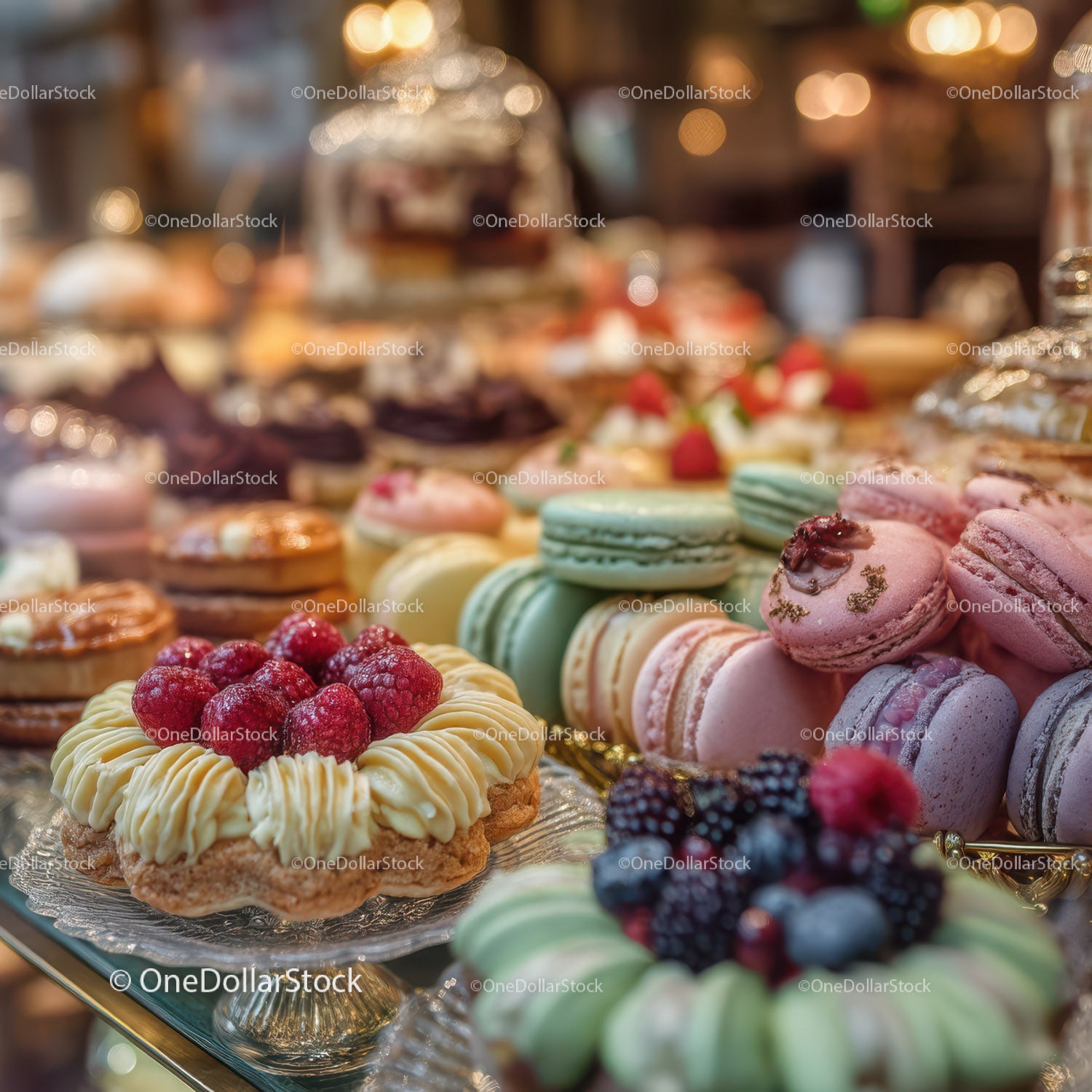 Colorful Assorted Macarons and Fruit Tarts on Dessert Display