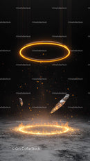Futuristic Space Scene with Glowing Ring and Floating Debris