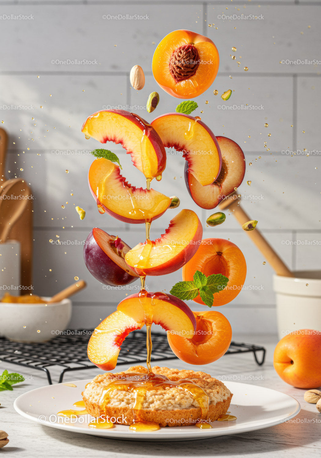 Fresh Peach and Apricot Slices Drizzling Honey on Pastry