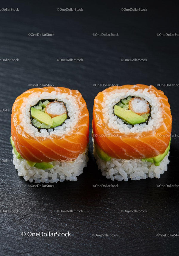 Rolki sushi z łososiem i awokado na ciemnej powierzchni łupka