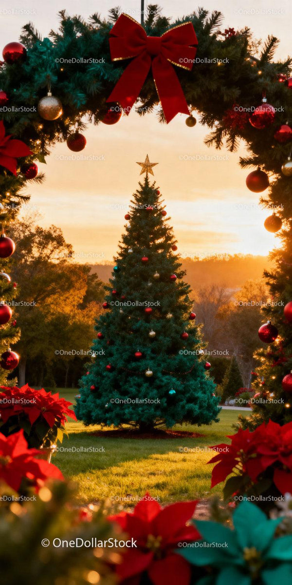 Decorated Christmas Tree Framed by Festive Garland Arch