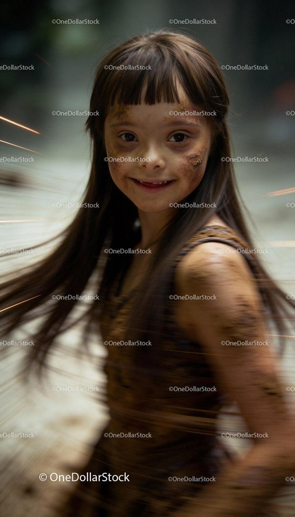 Joyful young girl with Down syndrome playing in mud