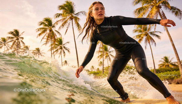 Female Surfer Riding Ocean Wave Near Tropical Shore
