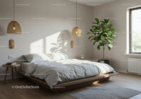 Minimalist modern bedroom with natural sunlight and greenery