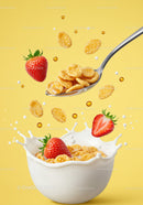 Crispy cereal flakes with fresh strawberries and milk splash