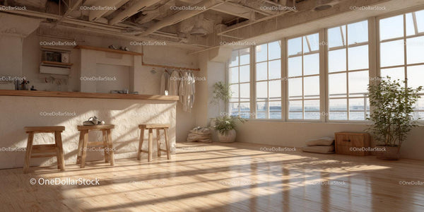 Bright Modern Interior with Large Windows and Wooden Accents