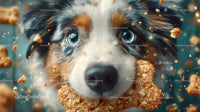 Cute Australian Shepherd Puppy with Blue Eyes Playing with Biscuit
