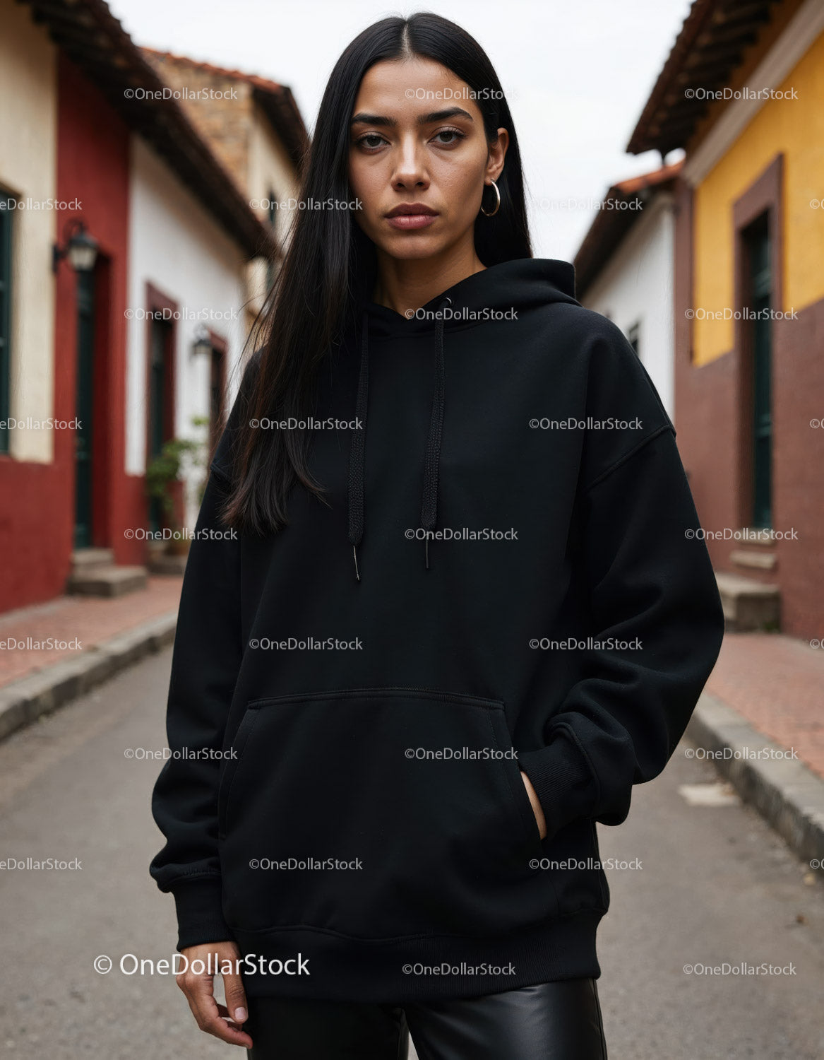 Fashionable Woman Wearing Black Hoodie in Urban City Street