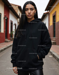 Fashionable Woman Wearing Black Hoodie in Urban City Street