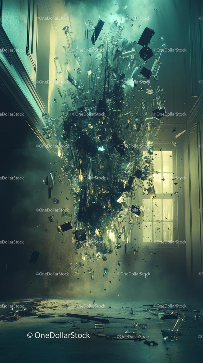 Explosion of Glass Furniture in Room with Flying Debris