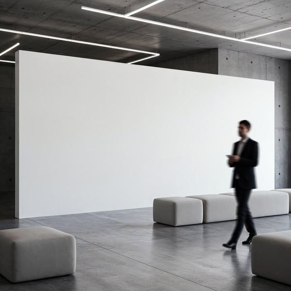 Blurred businessman walking in modern minimalist lobby JPG Mockup Image