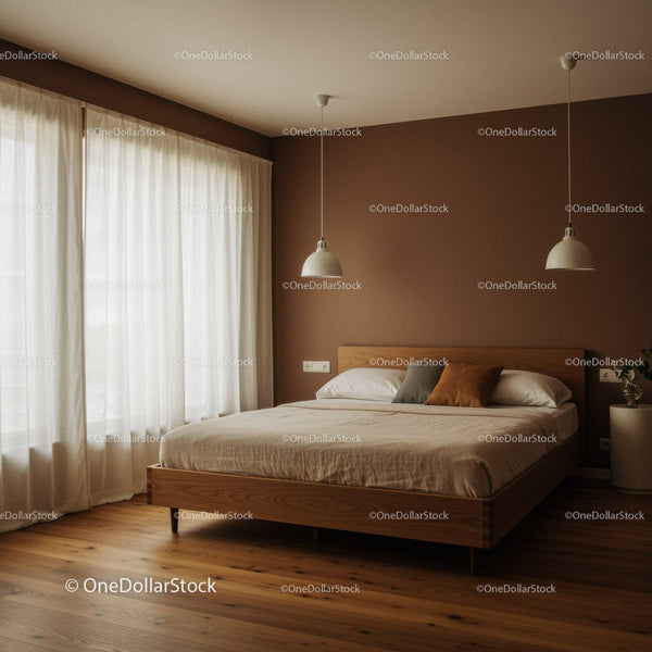 Modern Bedroom with Wooden Bed and Soft Lighting in Cozy Interior