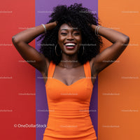 Vibrant African American Woman Smiling in Orange Dress with Colorful Background