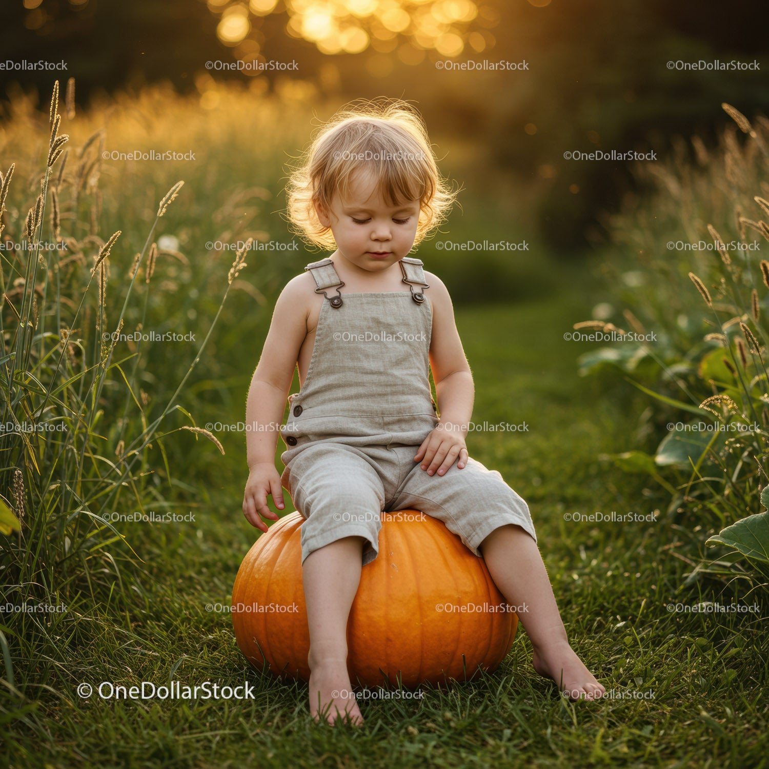 Toddler Sitting on Large Pumpkin in Sunlit Field
