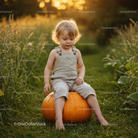Toddler Sitting on Large Pumpkin in Sunlit Field
