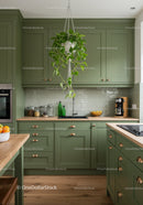 Modern Green Kitchen with Hanging Plant and Wooden Counters