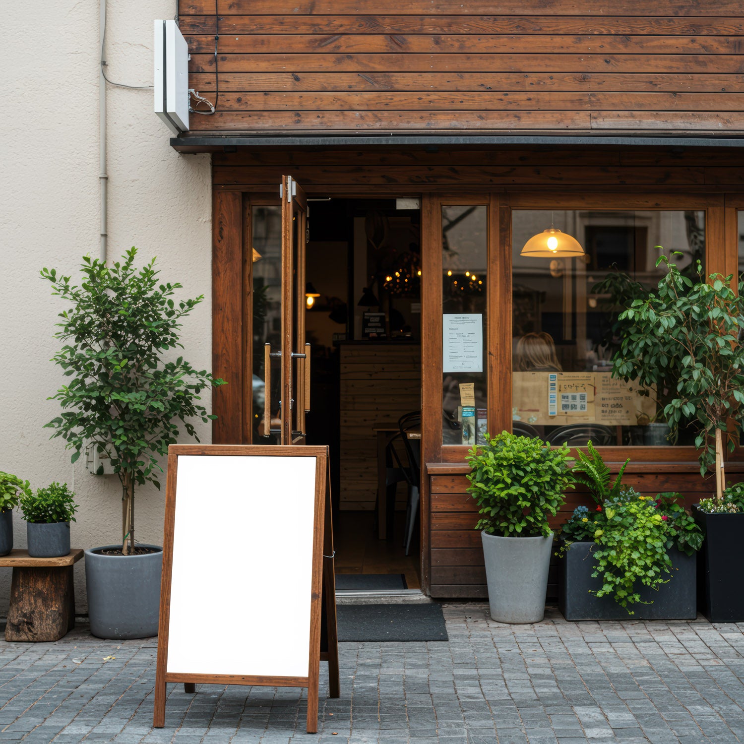 Cozy cafe entrance with blank wooden signboard and plants