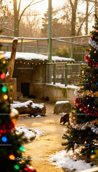 Winter scene with Christmas trees and walking bear cub