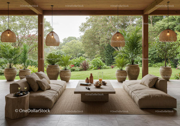 Cozy open-air lounge with natural decor and garden view