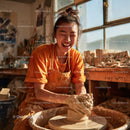 Joyful Woman Creating Handmade Pottery in Artistic Studio