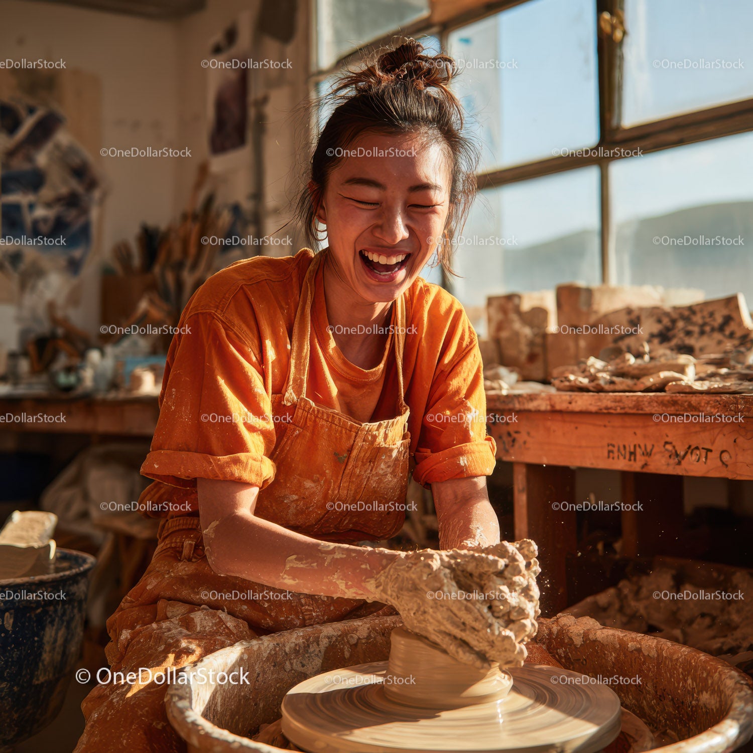 Joyful Woman Creating Handmade Pottery in Artistic Studio
