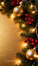 Festive Christmas decorations with golden ornaments and lights