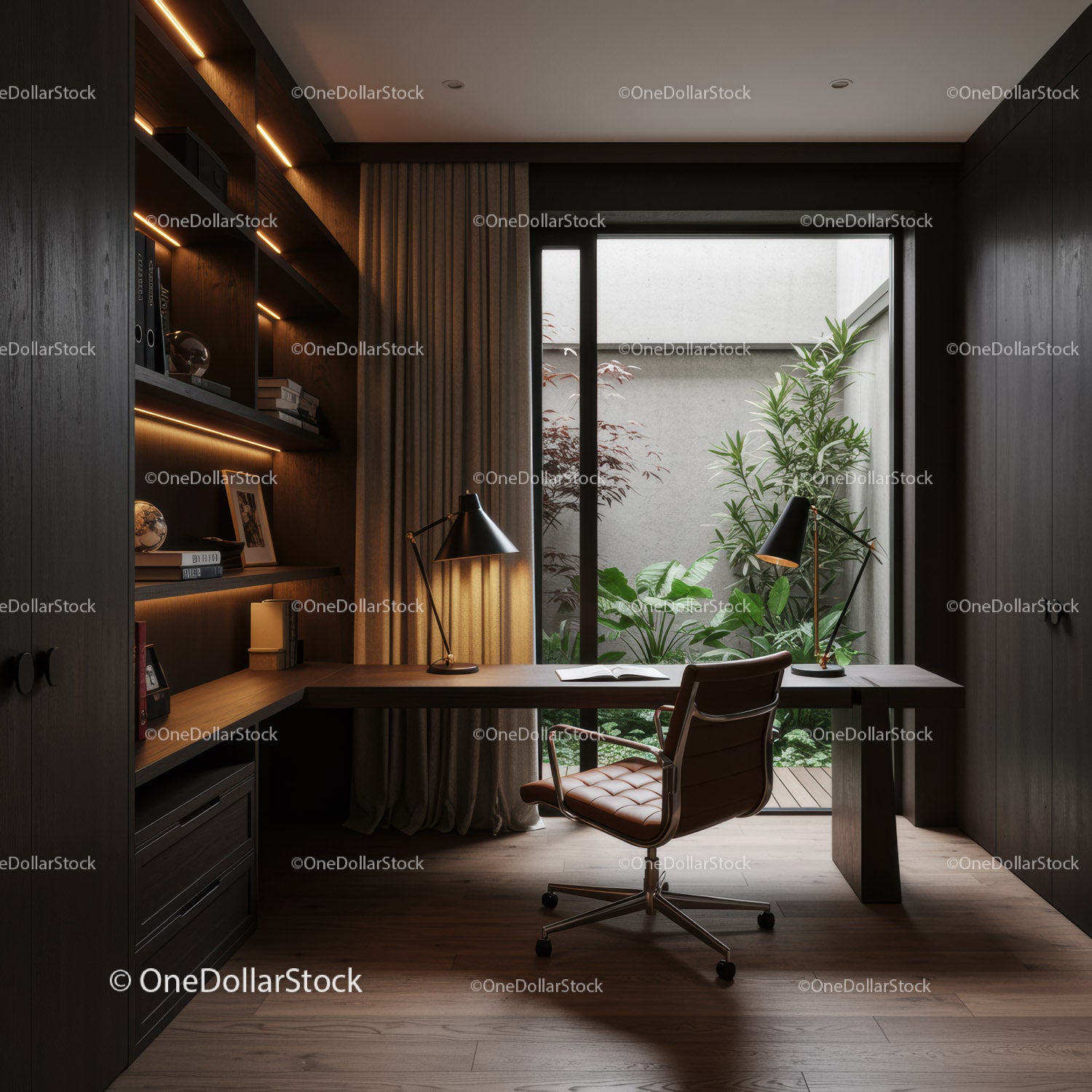 Modern minimalist home office with garden view