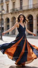Young woman spinning in a stylish flowing dress
