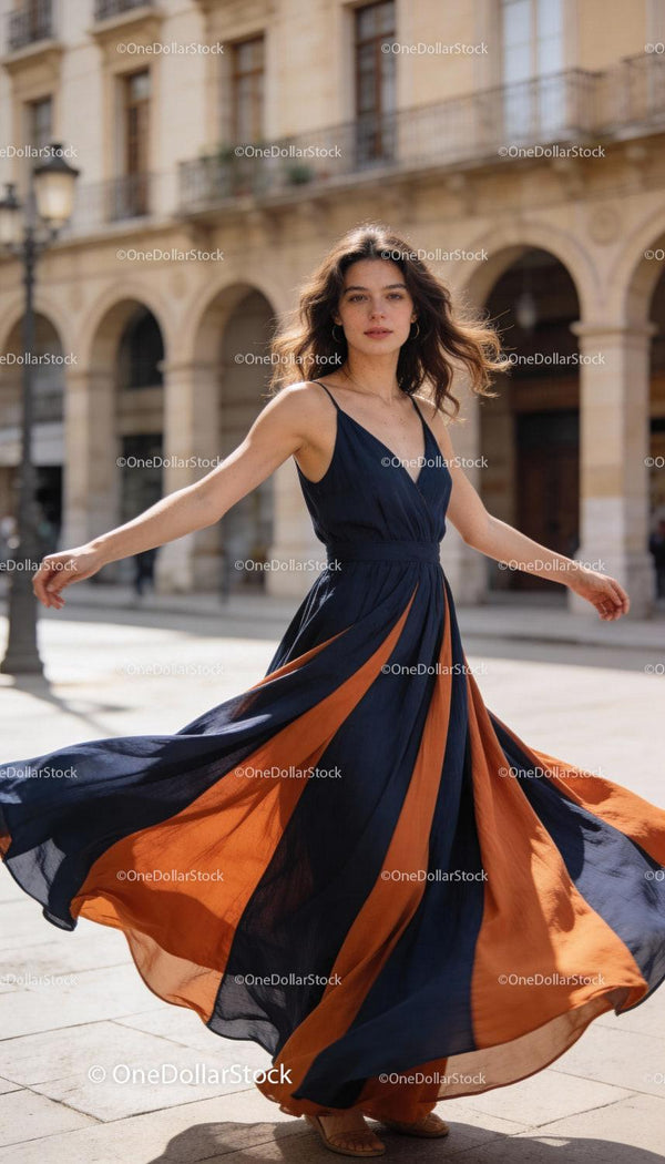 Young woman spinning in a stylish flowing dress