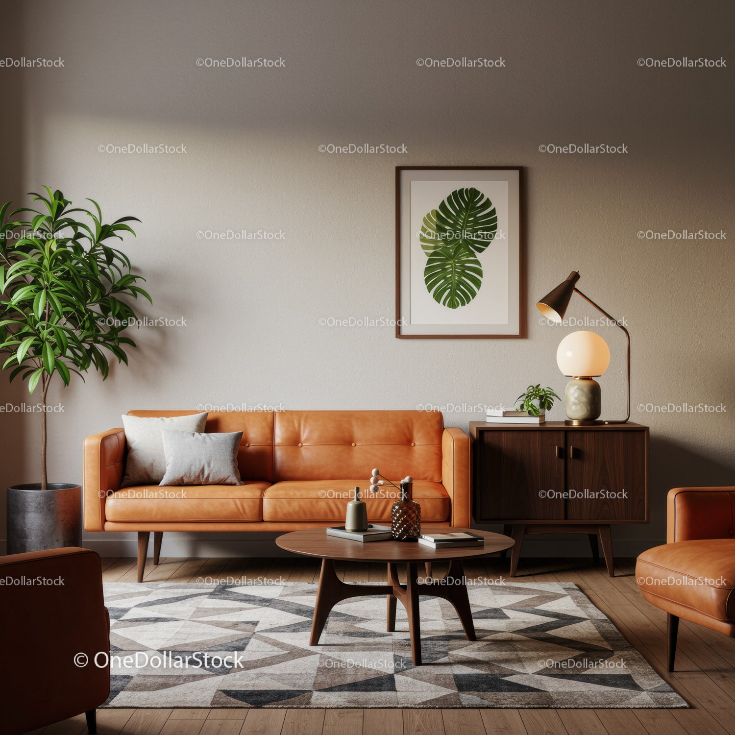 Nowoczesny salon ze skórzaną sofą i zielenią